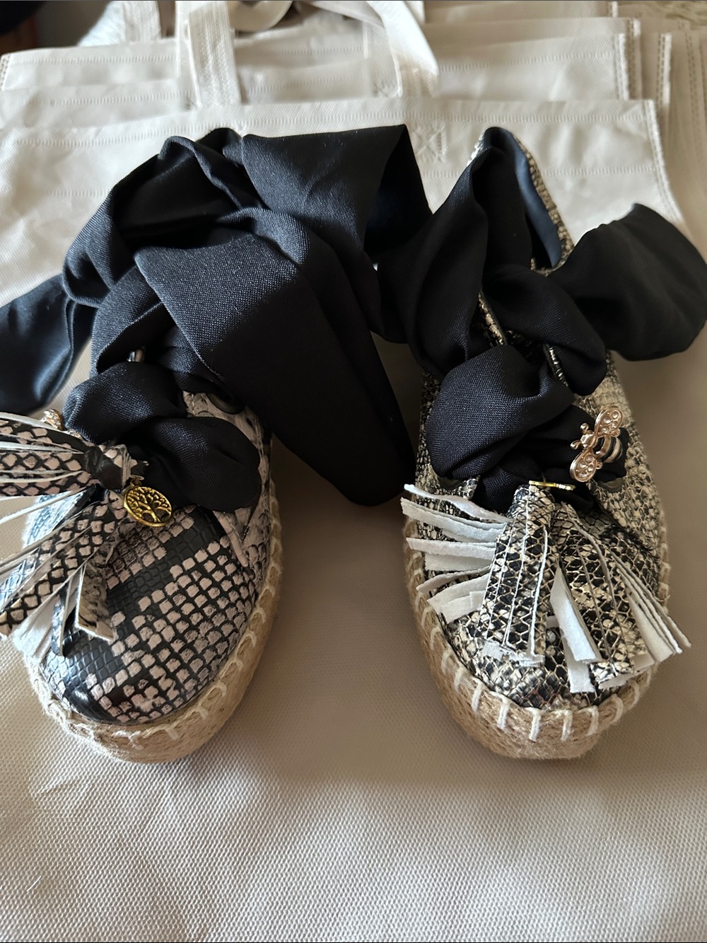 Black Snake-Print Espadrille Platform with Tassel Detail